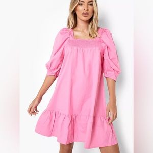 Pink Puff Sleeve Smock Dress
